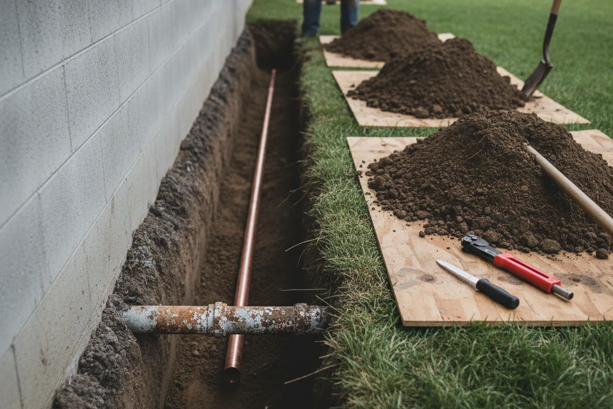 Excavated water line trench during Water Softener Installation in Dutch Flat